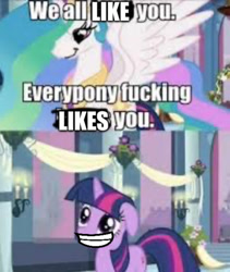 Size: 774x917 | Tagged: safe, edit, imported from derpibooru, screencap, princess celestia, twilight sparkle, alicorn, pony, unicorn, acronym, caption, english, grin, happy, horn, image macro, needs more jpeg, positive message, smiling, text, vulgar