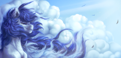 Size: 2755x1337 | Tagged: safe, artist:raychelrage, imported from derpibooru, oc, oc only, oc:rachel rage, pony, bust, cloud, detailed, eyes closed, sky, smiling, solo, windswept mane