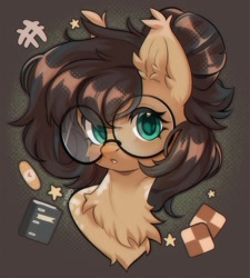 Size: 1707x1896 | Tagged: safe, artist:pledus, imported from derpibooru, oc, oc only, oc:nixie tube, bat pony, earth pony, hybrid, wingless bat pony, :o, bust, chest fluff, coat markings, dappled, ear fluff, female, glasses, open mouth, simple background, wingless