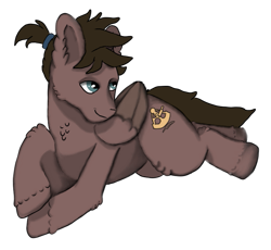 Size: 807x743 | Tagged: safe, artist:visserex52, imported from derpibooru, oc, oc only, oc:dustwing, pegasus, brown coat, brown mane, chest fluff, ear fluff, fetlock tuft, looking up, lying down, ponytail, simple background, solo, transparent background, turquoise eyes