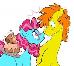 Size: 1347x1207 | Tagged: safe, artist:opalacorn, imported from derpibooru, carrot cake, cup cake, earth pony, pony, blushing, cake, carrot cup, chiffon swirl, duo, female, food, looking at each other, looking at someone, male, mare, nose to nose, serving tray, shipping, stallion, straight, sweat