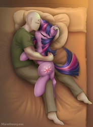 Size: 4134x5616 | Tagged: safe, artist:maretheory.exe, edit, imported from derpibooru, twilight sparkle, oc, oc:anon, human, pony, unicorn, affection, bed, cuddling, cuddling in bed, cute, ear fluff, ear scratch, eyes closed, female, horn, hug, hugging a pony, human on pony snuggling, in bed, indoors, male, mare, sleeping, smiling, snuggling, twiabetes, unicorn twilight