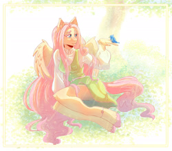 Size: 2046x1800 | Tagged: safe, artist:shushen, imported from derpibooru, fluttershy, anthro, bird, pegasus, unguligrade anthro, :3, anklet, bird on hand, clothes, colored hooves, crepuscular rays, dress, female, grass, high res, hooves, jewelry, long hair, outdoors, pink hooves, shirt, sitting, smiling, solo, sunlight, tree, unshorn fetlocks