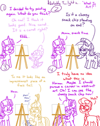 Size: 4779x6013 | Tagged: safe, artist:adorkabletwilightandfriends, imported from derpibooru, moondancer, spike, starlight glimmer, oc, oc:lawrence, oc:pinenut, cat, comic:adorkable twilight and friends, adorkable, adorkable twilight, artwork, confused, cute, dork, easel, funny, meow, painting, slice of life, standing