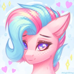 Size: 2000x2000 | Tagged: safe, artist:adagiostring, imported from derpibooru, oc, oc only, oc:sweetie swirl, bat pony, pony, bust, commission, cute, headshot commission, looking at you, portrait, shy, solo, sparkles