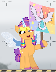 Size: 1094x1405 | Tagged: safe, artist:ghostpikachu, imported from derpibooru, oc, oc only, oc:sunlight dancer, earth pony, alicorn costume, base used, canterlogic, clothes, costume, cute, fake alicorn, fake horn, fake wings, female, g5, hair tie, hoof hold, mare, multicolored hair, multicolored mane, my little pony: a new generation, sign, solo, standing, testing area, unshorn fetlocks