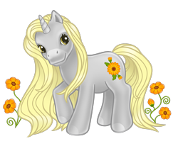 Size: 2000x1700 | Tagged: safe, imported from derpibooru, oc, oc only, pony, unicorn, blonde, blonde hair, blonde mane, blonde tail, calendula, collaboration, colored hooves, facial markings, female, flower, g3, g3 oc, hooves, horn, looking at you, mare, mealy mouth (coat marking), oc name needed, raised hoof, simple background, solo, tail, transparent background, unicorn oc, yellow eyes