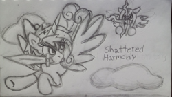 Size: 4160x2347 | Tagged: safe, artist:rosa ushiromiya, imported from derpibooru, princess cadance, queen chrysalis, alicorn, changeling, changeling queen, pony, cloud, duo, duo female, female, flying, mare, monochrome, my little pony the movie - shattered harmony, short hair, short mane, sword, traditional art, weapon