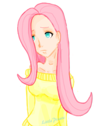 Size: 451x596 | Tagged: safe, artist:little pirate, imported from derpibooru, fluttershy, human, clothes, humanized, signature, simple background, solo, sweater, white background