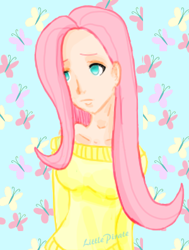 Size: 300x396 | Tagged: safe, artist:little pirate, imported from derpibooru, fluttershy, butterfly, human, clothes, humanized, solo, sweater