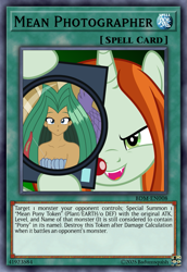 Size: 813x1185 | Tagged: safe, artist:badumsquish, derpibooru exclusive, imported from derpibooru, crackle cosette, queen chrysalis, mermaid, monster girl, pony, unicorn, the mean 6, :o, bikini, bow, camera, card, card game, ccg, clam, clothes, confused, disguise, disguised changeling, evil grin, fangs, female, forced perspective, grin, horn, long hair, looking at you, mare, my little pony, open mouth, red archery girl, reflection, show accurate, smiling, spell card, swimsuit, trading card, yu-gi-oh!, yugioh card