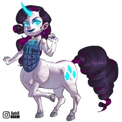 Size: 1080x1080 | Tagged: safe, artist:littledan-art, imported from derpibooru, part of a set, rarity, centaur, human, taur, centaurified, centaurity, clothes, female, glowing, glowing eyes, glowing horn, horn, horned humanization, humanized, looking at you, pony coloring, signature, simple background, smiling, smiling at you, solo, species swap, vest, white background