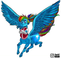 Size: 1080x1023 | Tagged: safe, artist:littledan-art, imported from derpibooru, part of a set, rainbow dash, centaur, human, taur, centaurdash, centaurified, clothes, crossed arms, female, humanized, jacket, pegataur, pony coloring, ponytail, signature, simple background, solo, species swap, spread wings, varsity jacket, white background, wings