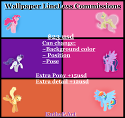 Size: 2500x2360 | Tagged: safe, artist:kathepart, imported from derpibooru, applejack, fluttershy, pinkie pie, rainbow dash, rarity, twilight sparkle, advertisement, commission example, commission info, commission open, female, mane six, mare, simple background, text, wallpaper