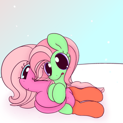 Size: 1933x1939 | Tagged: safe, artist:violavaquita, minty, pinkie pie (g3), belly button, clothes, hug, one eye closed, open mouth, smiling, snow, socks, winking at you