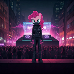 Size: 926x926 | Tagged: safe, generator:nightcafe ai, imported from twibooru, pinkie pie, anthro, ai content, ai generated, cyberpunk, generator:google imagen 3.0, image, music, ninja, png