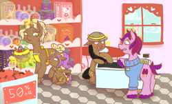 Size: 1289x777 | Tagged: safe, artist:totesallyrad, imported from derpibooru, oc, oc only, oc:boot-quet, oc:forsythia, oc:grape slush, oc:sunflower bead, earth pony, pony, unicorn, apple, apron, basket, blushing, carrot, cash register, cereal box, clothes, earth pony oc, female, floppy ears, food, glowing, glowing horn, hat, horn, indoors, levitation, magic, magic aura, male, mare, open mouth, potion bottle, raised hoof, sitting, stallion, store, sweater, tail, telekinesis, tomato, unicorn oc, window