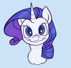 Size: 1054x1000 | Tagged: safe, artist:partyponypower, imported from derpibooru, rarity, pony, unicorn, alternate design, big eyes, blue background, bust, cleft lip, female, horn, light blue background, looking at you, mare, ringlets, shiny mane, simple background, smiling, smiling at you, solo