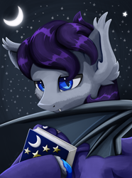 Size: 1872x2520 | Tagged: safe, artist:aquamuro, imported from derpibooru, oc, oc only, oc:word bearer, bat pony, pony, equestria at war mod, bat pony oc, bat wings, blue eyes, book, bust, cloak, clothes, coat, commission, digital art, disciples of the night, fangs, general, holding a book, looking at camera, looking at you, male, moon, new characters for equestria at war, new characters for equestria at war mod, night, outdoors, pin, portrait, preacher, raised hoof, religious zealot, solo, stars, wings, zealot