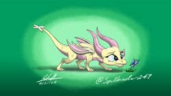 Size: 1920x1080 | Tagged: safe, artist:soulsliver249, fluttershy, dragon, crossover, dragoness, dragonified, female, flutterdragon, horn, horns, signature, simple background, solo, species swap, spyro the dragon (series), wings