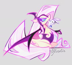 Size: 1921x1749 | Tagged: safe, artist:almonthic, angel bunny, fluttershy, bat pony, pony, abstract background, alternate cutie mark, alternate design, alternate eye color, alternate universe, armor, bags under eyes, bat ponified, blue sclera, colored eyelashes, colored pupils, colored sclera, colored wings, crossed arms, duo, eternal night au (janegumball), fangs, female, flutterbat, frown, helmet, long mane, long neck, long tail, mare, nightmare fluttershy, nightmarified, partially open wings, peytral, pink eyes, pink mane, pink tail, race swap, signature, slit pupils, tail, teal sclera, thin legs, two toned wings, wings, yellow coat