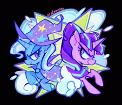 Size: 2048x1758 | Tagged: safe, artist:almonthic, starlight glimmer, trixie, unicorn, black background, cape, clothes, duo, explosion, female, females only, hat, looking at each other, s5 starlight, signature, simple background, smoke, trixie's cape, trixie's hat