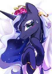 Size: 2480x3508 | Tagged: safe, artist:izuchi, imported from derpibooru, princess luna, alicorn, pony, blushing, horn, smiling