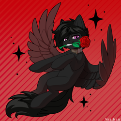 Size: 2000x2000 | Tagged: safe, artist:villjulie, imported from derpibooru, oc, oc only, pegasus, pony, flower, flower in mouth, mouth hold, pegasus oc, rose, rose in mouth, solo, wings