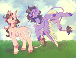 Size: 1302x1000 | Tagged: safe, artist:wormybait, imported from derpibooru, oc, oc only, classical unicorn, pegasus, pony, unicorn, cloven hooves, colored wings, duo, female, flying, hair over one eye, horn, leonine tail, looking at each other, looking at someone, mare, pegasus oc, two toned wings, unicorn oc, unshorn fetlocks, wings