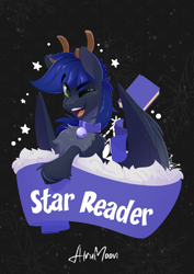 Size: 1688x2388 | Tagged: safe, artist:alrumoon_art, imported from derpibooru, oc, oc only, oc:star reader, deer, pegasus, pony, antlers, bell, bell collar, book, candy, candy cane, chest fluff, collar, deerified, food, looking at you, one eye closed, solo, species swap, wings, wink, winking at you