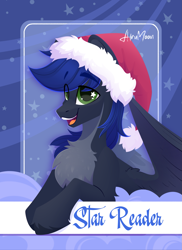 Size: 1739x2388 | Tagged: safe, artist:alrumoon_art, imported from derpibooru, oc, oc only, oc:star reader, pegasus, pony, chest fluff, christmas, hat, holiday, santa hat, solo, wings