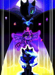 Size: 2200x3000 | Tagged: safe, artist:graciecat812, imported from derpibooru, nightmare moon, princess luna, twilight sparkle, alicorn, pony, big crown thingy, crescent moon, element of generosity, element of honesty, element of kindness, element of laughter, element of loyalty, element of magic, elements of harmony, female, jewelry, mare, moon, night, regalia, signature, twilight sparkle (alicorn)