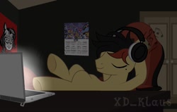 Size: 1280x815 | Tagged: safe, artist:xd.klaus, imported from derpibooru, pegasus, pony, background, computer, headphones, laptop computer, male, poster, stallion, stallion oc