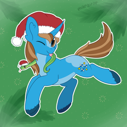 Size: 1500x1500 | Tagged: safe, artist:maravor, imported from derpibooru, oc, oc:sharp stars, pony, snake, unicorn, christmas, hat, holiday, horn, male, one eye closed, santa hat, solo, stallion, tongue out, wink