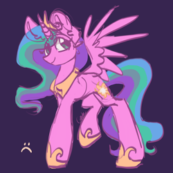 Size: 2048x2048 | Tagged: safe, artist:cupute, imported from derpibooru, princess celestia, alicorn, pony, big ears, clothes, colored, colored background, crown, digital art, doodle, ears up, female, flowing mane, flowing tail, green eyes, horn, jewelry, long horn, multicolored hair, multicolored mane, multicolored tail, pink, pink body, pinklestia, purple background, regal, regalia, shoes, simple background, sketch, smiling, smiling at someone, solo, spread wings, standing, tail, trotting, trotting in place, wings