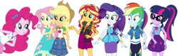 Size: 4430x1400 | Tagged: safe, edit, edited screencap, editor:mrtoonlover83, imported from derpibooru, screencap, applejack, fluttershy, pinkie pie, rainbow dash, rarity, sci-twi, sunset shimmer, twilight sparkle, human, equestria girls, background removed, female, humane five, humane seven, humane six, mane six, not a vector