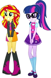 Size: 1661x2520 | Tagged: safe, edit, edited screencap, editor:mrtoonlover83, imported from derpibooru, screencap, sci-twi, sunset shimmer, twilight sparkle, equestria girls, background removed, duo, duo female, female, not a vector, sci-twi outfits