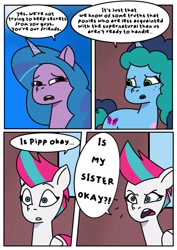 Size: 1131x1600 | Tagged: safe, artist:delilah1_riley, imported from derpibooru, izzy moonbow, zipp storm, pegasus, pony, unicorn, comic:pipp the poltergeist, fanfic:pipp the poltergeist, comic, commission, dialogue, fanfic art, female, g5, horn, implied pipp petals, male, mare, misty brightdawn, my little pony: tell your tale, outdoors, teary eyes, trio, trio female