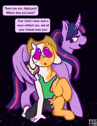 Size: 2975x3850 | Tagged: safe, artist:boundbrush, imported from derpibooru, applejack, twilight sparkle, alicorn, earth pony, alternate hairstyle, applejack's hat, black background, cowboy hat, furry, furry to pony, glasses, hat, high res, hypno eyes, mind control, open mouth, ponytail, simple background, speech bubble, transformation, twilight sparkle (alicorn), wing hands, wings