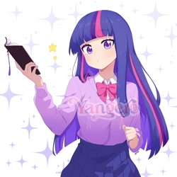 Size: 2000x2000 | Tagged: safe, artist:yangere, imported from derpibooru, twilight sparkle, human, anime, book, female, humanized, looking at you, smiling, smiling at you, solo, sparkles, stars