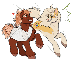 Size: 4168x3327 | Tagged: safe, artist:werewargs, imported from derpibooru, oc, oc only, oc:banana cupcake, oc:golden flare, earth pony, pegasus, pony, bandage, broken bone, broken wing, cast, colored hooves, colored wings, commission, duo, earth pony oc, female, female oc, freckles, friends, hooves, injured, male, nonbinary, pegasus oc, ponified, short tail, simple background, sling, species swap, stallion, tail, transparent background, unshorn fetlocks, wings