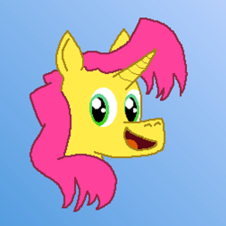 Size: 1011x1010 | Tagged: safe, artist:shrimpbucket, imported from derpibooru, oc, oc only, oc:twister pop, unicorn, bust, gradient background, horn, male, ms paint, open mouth, smiling, solo