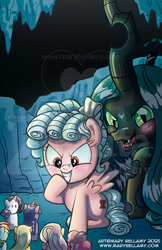 Size: 524x807 | Tagged: safe, artist:marybellamy, idw, imported from derpibooru, applejack, cozy glow, fluttershy, pinkie pie, queen chrysalis, rainbow dash, rarity, twilight sparkle, changeling, pegasus, pony, cave, close-up, cover, doll, evil grin, figurine, grin, smiling, stalagmite, toy, zorilita