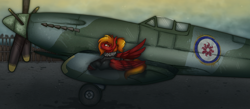 Size: 2300x1000 | Tagged: safe, artist:molars, imported from derpibooru, oc, oc only, oc:risk runner, pegasus, pony, equestria at war mod, complex background, hair tie, ponytail, princess celestia's cutie mark, raf, red fur, runway, sassy, solo, sun, supermarine spitfire, tongue out, unshorn fetlocks, vehicle, window