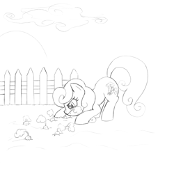 Size: 1500x1500 | Tagged: safe, artist:lillslim, imported from derpibooru, carrot top, golden harvest, earth pony, pony, background pony, carrot, cloud, farming, female, fence, food, mare, mouth hold, pulling, pulling out, sketch, solo