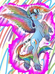 Size: 834x1112 | Tagged: safe, artist:fresasdiorarts, imported from derpibooru, rainbow dash, pegasus, pony, aura, blushing, ear piercing, female, flying, gauges, goggles, leonine tail, lightning eyes, looking at you, mare, piercing, signature, solo, spread wings, tail, unshorn fetlocks, wingding eyes, wings