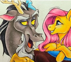 Size: 609x537 | Tagged: safe, artist:hogg_draws, artist:hoggoblin, imported from derpibooru, discord, fluttershy, crayon drawing, discoshy, drawing, female, grin, looking at each other, looking at someone, male, paper, shipping, signature, smiling, smiling at each other, snaggletooth, straight, traditional art