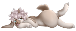 Size: 4000x1633 | Tagged: safe, artist:mosssong, imported from derpibooru, oc, oc only, goat, :p, cloven hooves, femboy, fluffy, horns, lineless, long ears, lounging, lying down, male, messy mane, raised leg, short tail, simple background, small horns, solo, tail, tongue out, transparent background