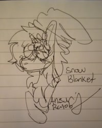 Size: 2340x2944 | Tagged: safe, artist:arsonrabbit, imported from derpibooru, oc, oc only, oc:snow blanket, pony, unicorn, beanie, doodle, female, flower, flower in hair, hat, horn, lined paper, looking back, looking offscreen, mare, pen drawing, pen sketch, raised hoof, signature, solo, traditional art, unicorn oc