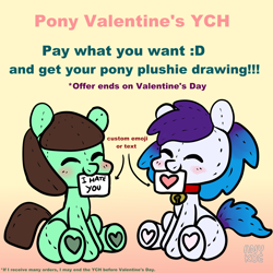 Size: 2000x2000 | Tagged: safe, artist:anykoe, imported from derpibooru, oc, oc only, oc:anykoe, oc:conferencia, earth pony, blushing, commission, description is relevant, duo, earth pony oc, female, heart, multicolored hair, plushie, sign, signature, simple background, text, ych example, your character here